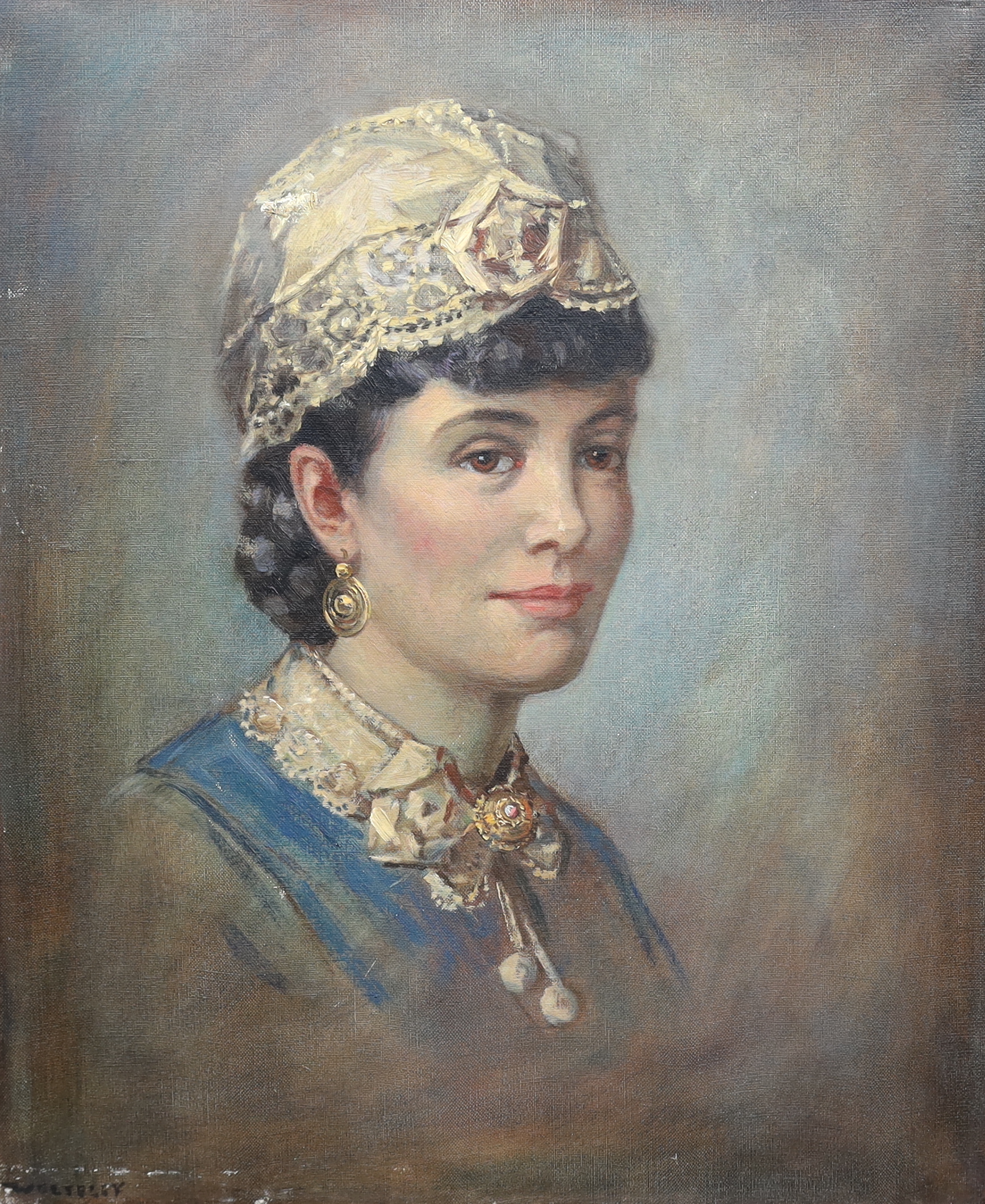 Garnet Ruskin Wolseley (English, 1884-1967), oil on canvas, Portrait of a lady wearing a lace cap, signed, 59 x 48cm. Condition - fair, other than damage to canvas to the cap